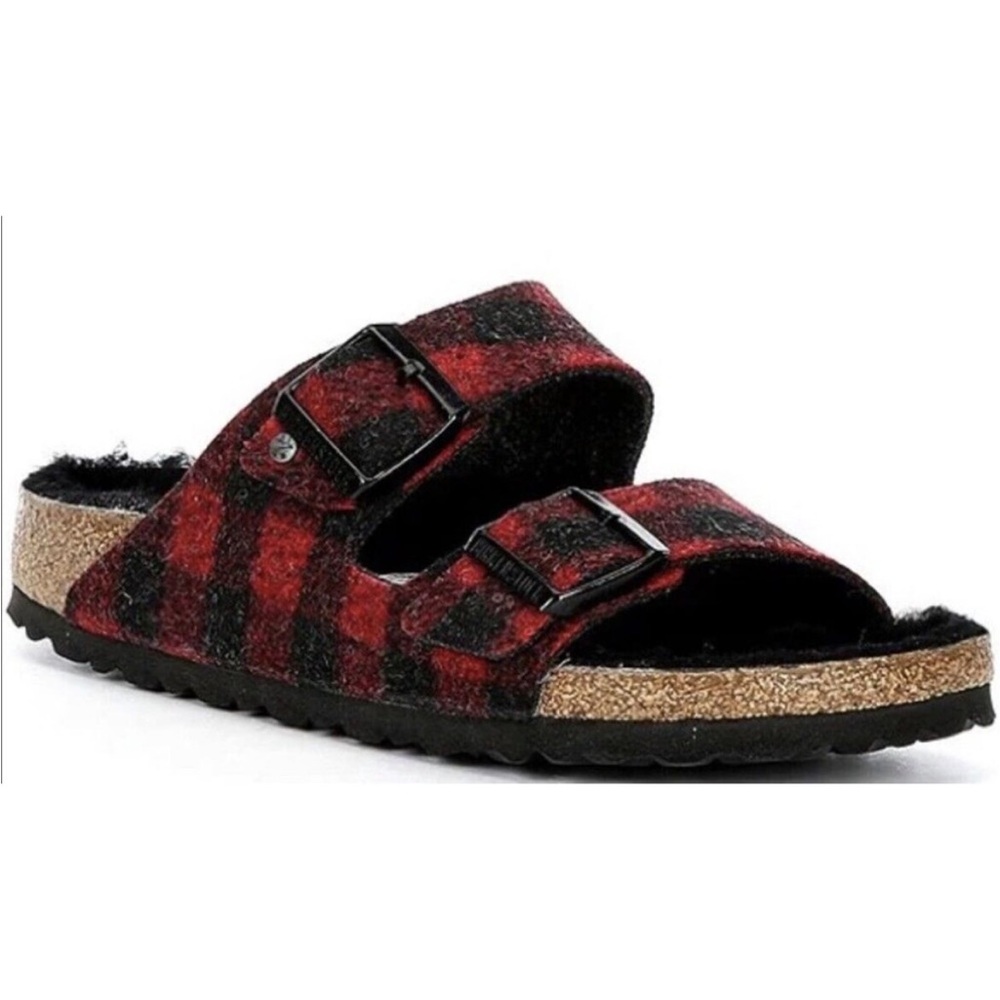 Birkenstock Arizona Rivet Plaid Red Shearling Wool Narrow